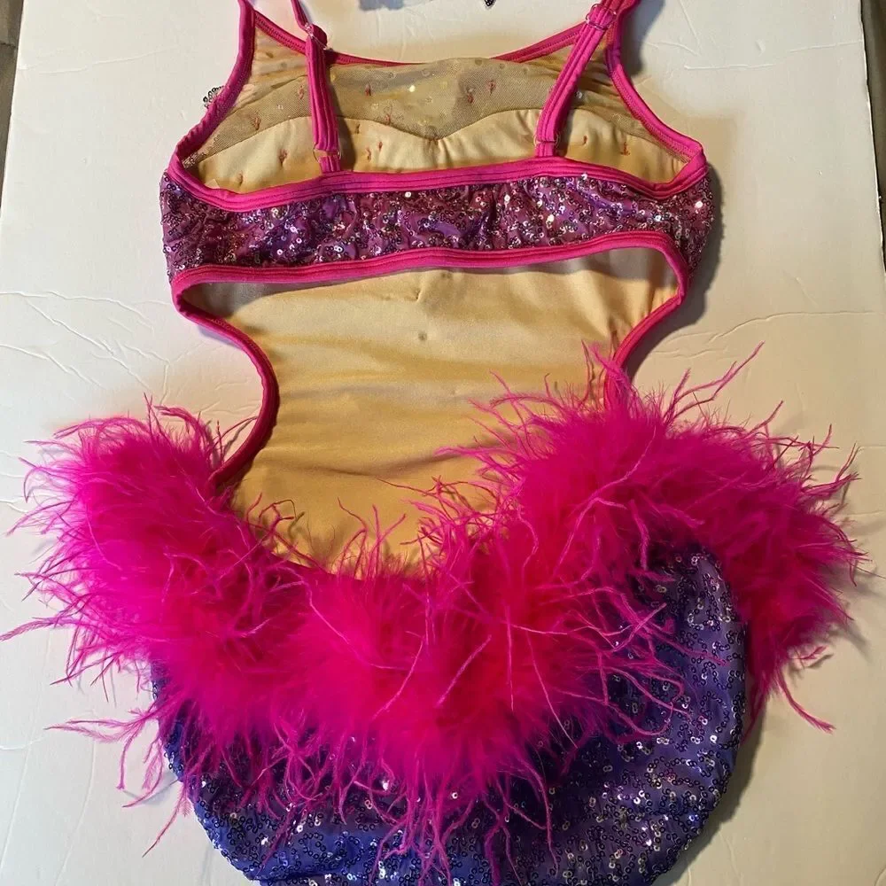 Glamour solo dance costume purple pink feather rhinestone jazz LC-large child
